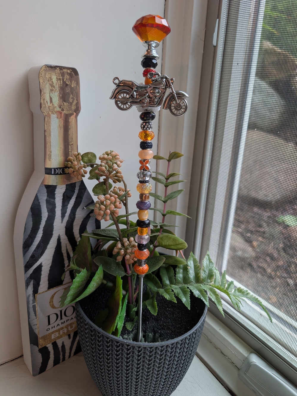 HandMade Fairy Wand/Plant/Garden Stake W/Orange Glass Knob Topper & Motorcycle🏍